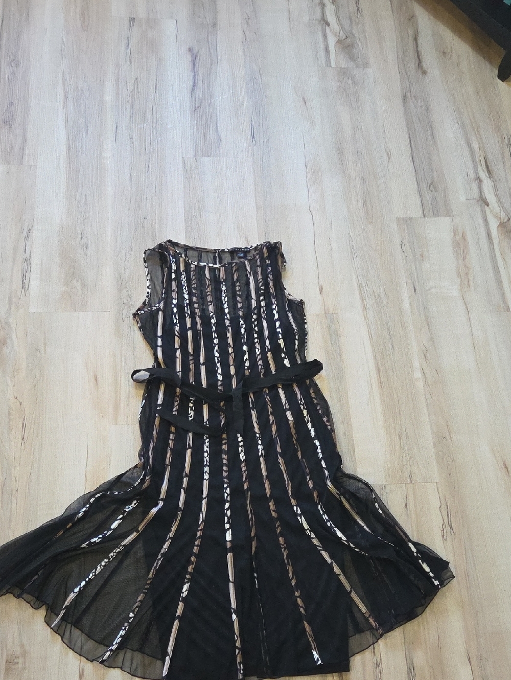 Sandra Darren Black Sheer Stripe Dress with Belt